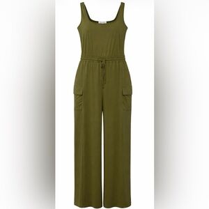 Romper Jumpsuit Elastic Waist Olive Green Women XL Wide Leg Cargo Utility Romper